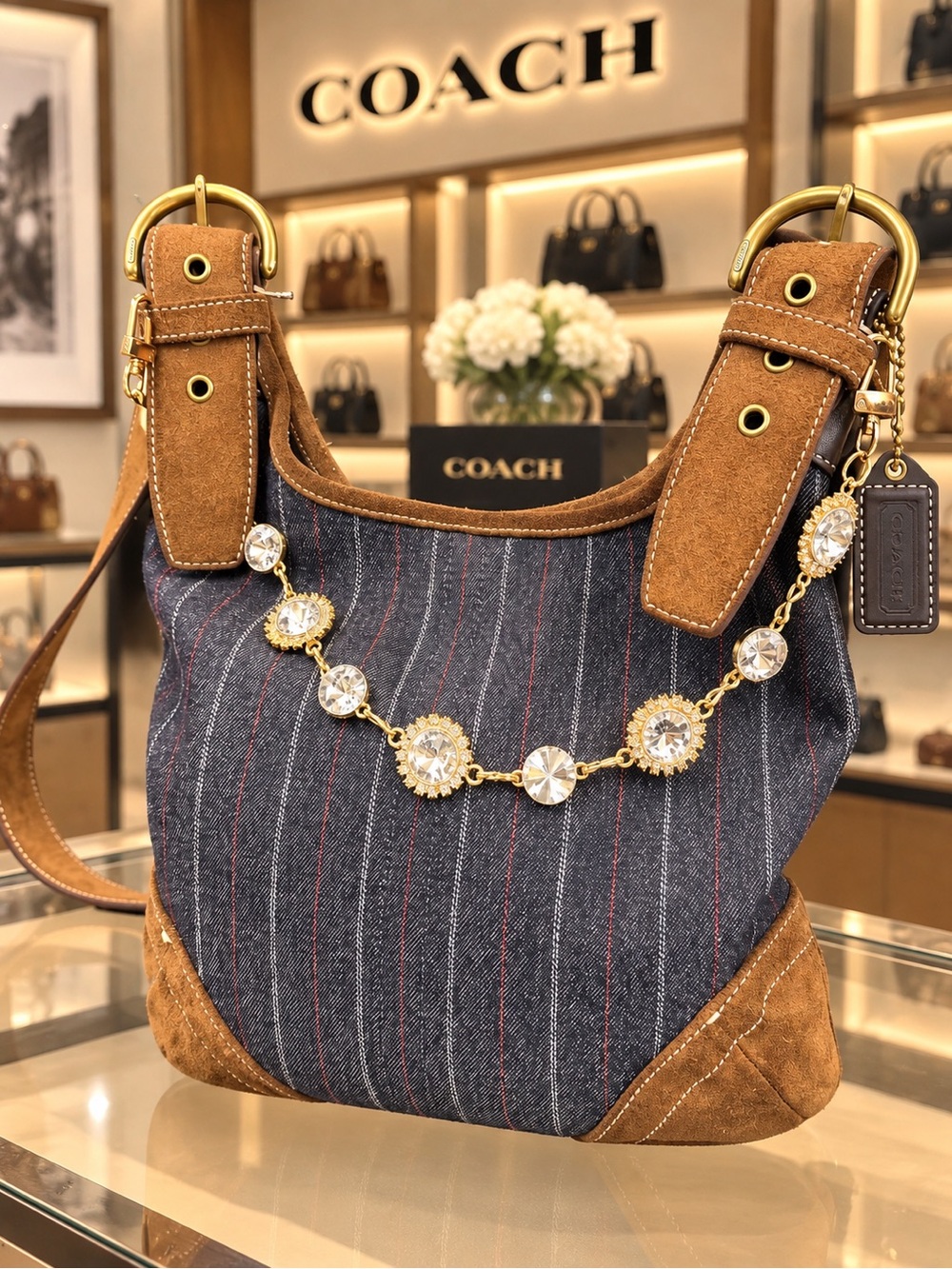 Rare Y2K Vintage Coach Denim Pinstripe Suede Shoulder/Crossbody Bag